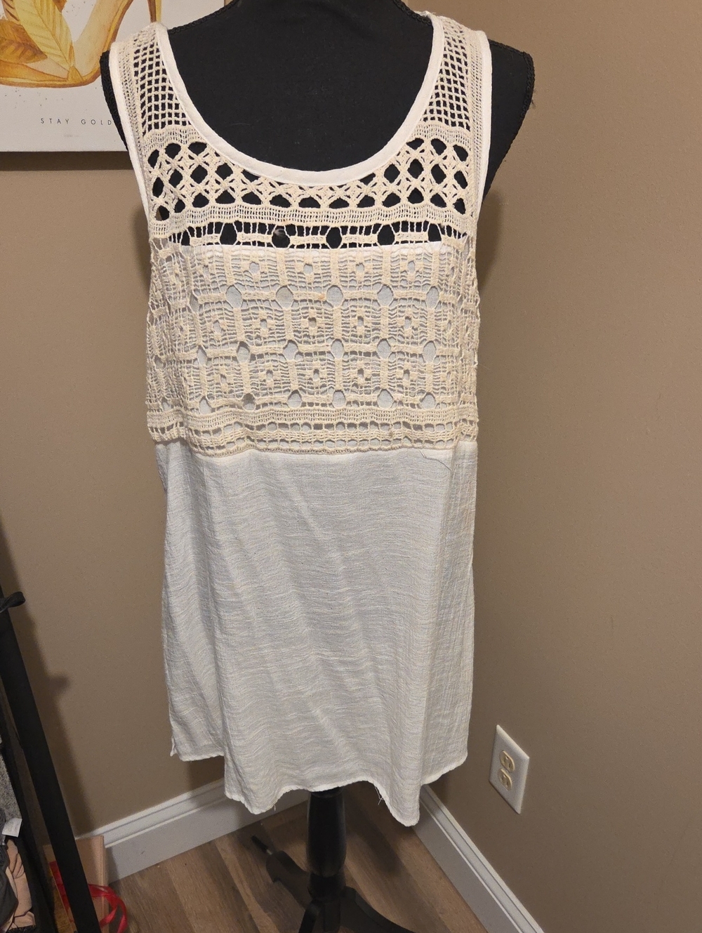 $5/$25- Spense Cream Crochet Yoke Tank with White Body
